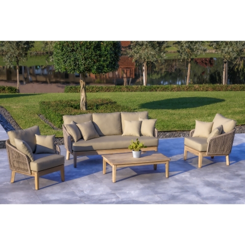 Eve 4 Piece Outdoor Sofa Set in Grey Rope, Wood & Sunbrella Fabric